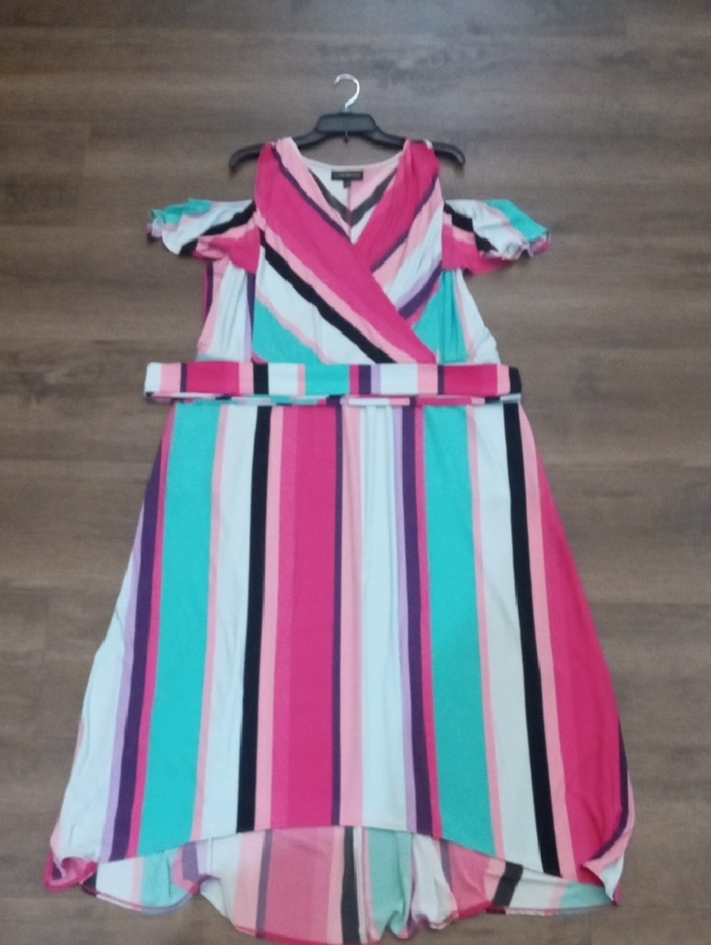 Lane Bryant Pink, Teal & White Striped Cold-Shoulder Dress with Belt